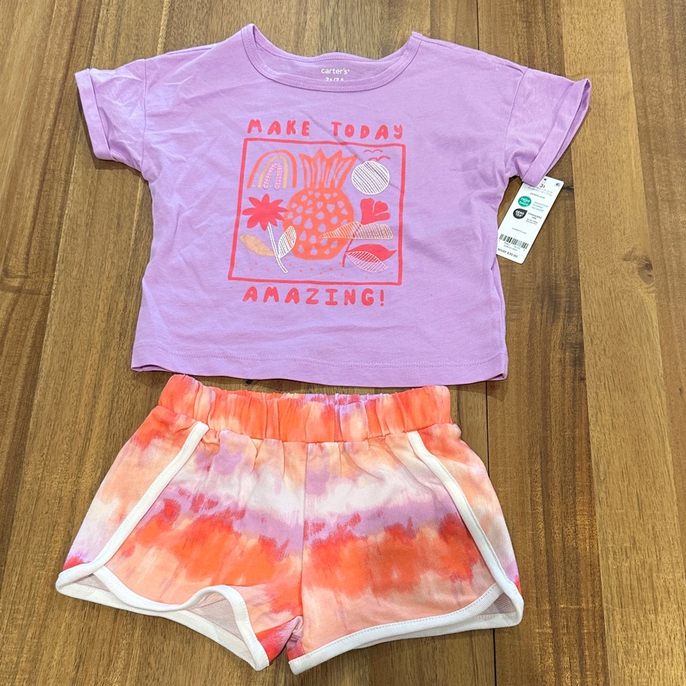 Carter's Lavender Tee and Orange Tie-Dye Shorts Set